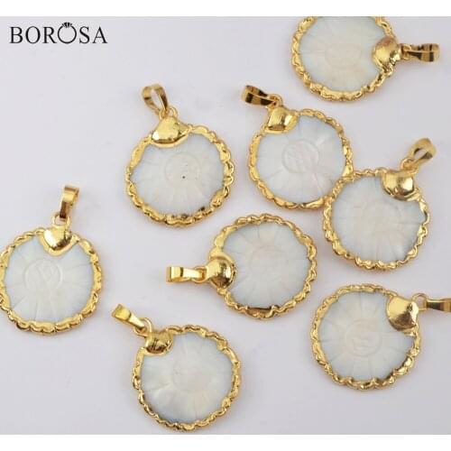 BOROSA 10Pcs Shell Pendant Gold Plating Round Natural Shell Pendant Jewelry Hand Carved Beads for Women Earring Making G1905