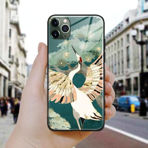 Nordic Abstract golden crane style Silicone Glass Phone Case Cover Shell For iPhone SE 6 6s 7 8 Plus X XR XS 11 12 Mini Pro Max