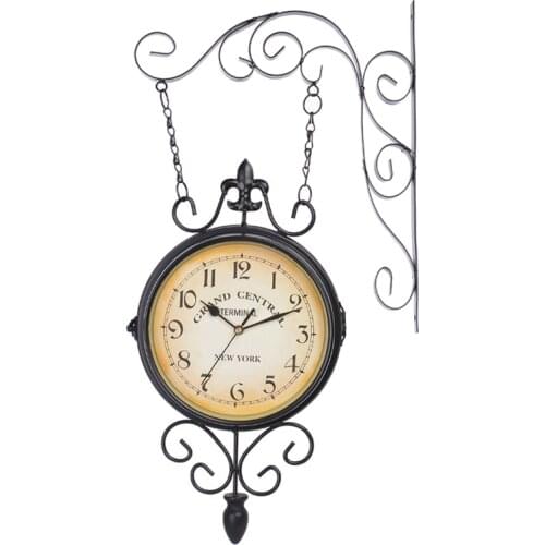 European Vintage Home Decor Black White Double Sided 9 inches Round Wall Mounted Hanging Iron Clock