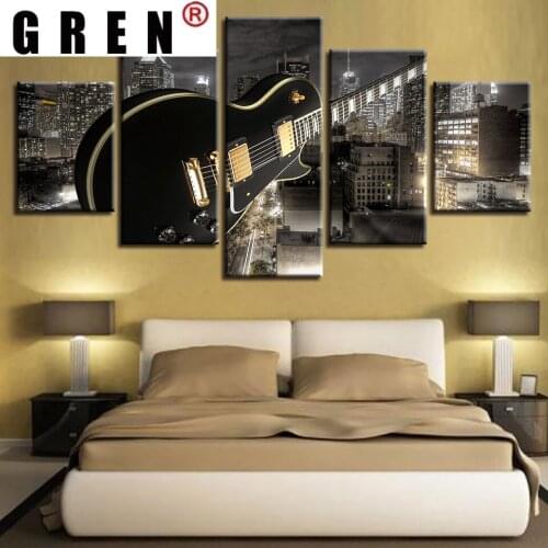 GREN Canvas Painting Living Room Printed Modern 5Pcs Guitar Building Music Pictures Wall Art Modular Poster NO Frame Home Decor