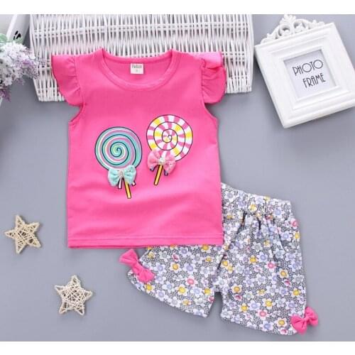 Baby Girl Clothes Set 2 Pcs Sets Lollipop Flying Sleeve T-shirt+floral Bow Short Pants Toddler Girl Clothes Baby Clothes 0-3Y