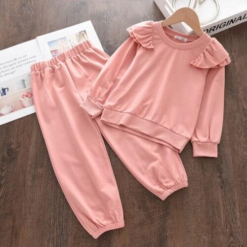 Girls Casual Clothing Sets New Fashion Kids Sports Active Outfits Ruffles T-Shirt Tops Pants Clothes Children Solid Color Suits