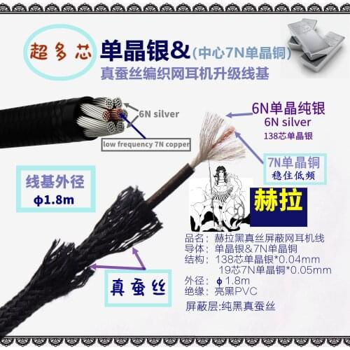 Single crystal sterling silver Hera black silk shielded earphone upgrade line base material OD: 1.8mm