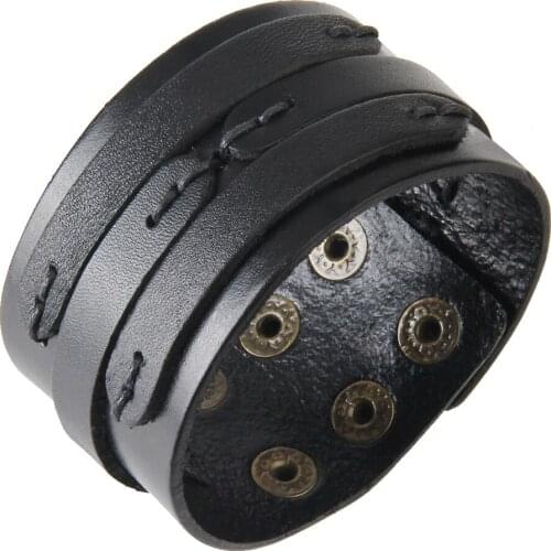 Mens 4cm Wide Leather Bracelet Wristband Bangle with Snap Buttons Black