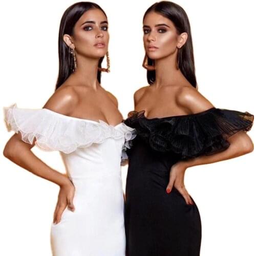 2020 New Arrival Off Shoulder Butterfly Sleeve Split Midi White Black Bandage Dress Sexy Fashion Celebrity Bandagem Vestios