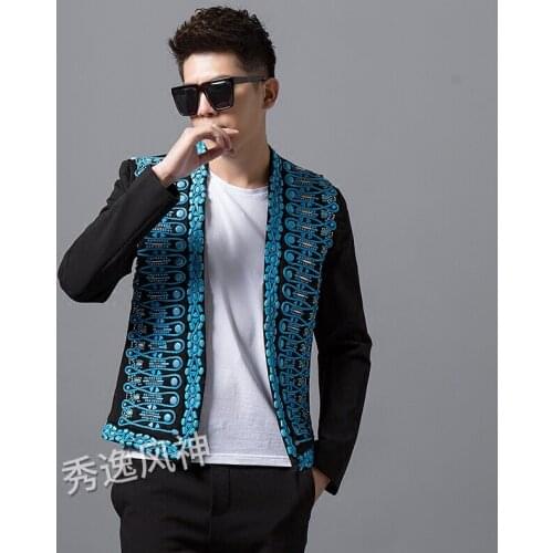 Autumn Winter New Suit Mens Clothes Hand-stitched Diamonds Embroidery Printed Blazer Korean Nightclub Men Tide Costume Jacket