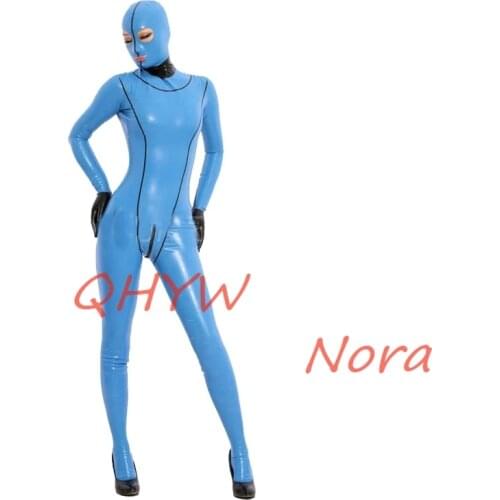 Sexy Natural Latex Woman Full Body Catsuit Women Jumpsuits with Hood&gloves Socks Back Zippers