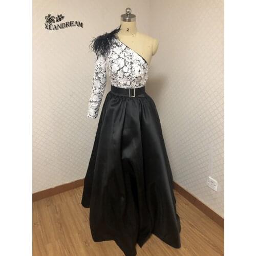 Hot sale feathers prom party gown vestido ceremonia balo elbiseleri oen shoulder long sleeves prom dresses made in china XD-110