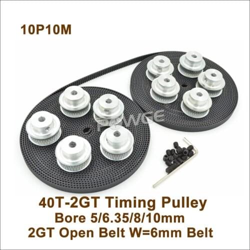 POWGE 10pcs 40 Teeth 2GT Timing Belt Pulley Bore 5/6.35/8/10mm + 10meters W=6mm GT2 Timing Belt 40T 40Teeth GT2 Pulley
