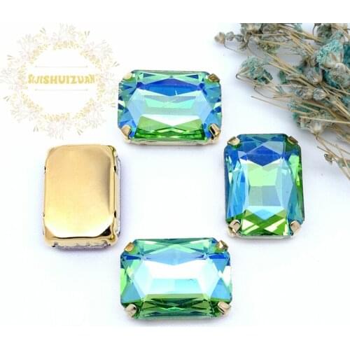 Green AB color Rectangle Glass Crystal sew on rhinestones with FOUR gold claw Diy wedding dress accessories Free shipping