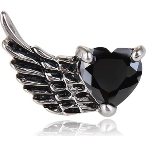 Retro Wing Earrings Heart Black /Clear CZ Stainless Steel Stud Earrings For Men Women Punk Unisex Party Jewelry Wholesale