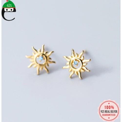 ElfoPlataSi 100% 925 Real Sterling Silver Tiny 8mmX8mm Hollow Sun With CZ Stud Earrings Gift For Girls Friend Kid Lady XY852