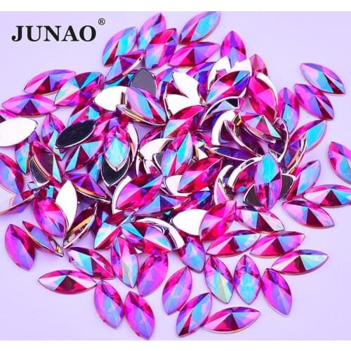 JUNAO 7*15mm Rose AB Crystals Flat Back Rhinestones Horse Eye Acrylic Strass Crystal Non Sewing Stones for DIY Crafts