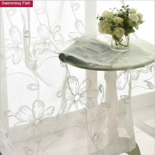 Beautiful decoration voile tulle blind curtains for living room,white Embroidered yarn flower window screen curtain