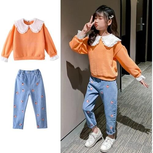 Teens Girls Clothing Sets Vintage Sweatshirt + Strawberry Jeans Pants 2PCS Cotton Spring Fall Childrens Clothing Set 6 8 10 12Y