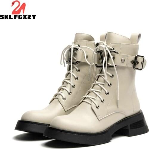SKLFGXZY Women Ankle Motorcycle Boots Platform Genuine Leather Side Zip Retro Round Toe Ladies Chunky Heel Shoes Handmade