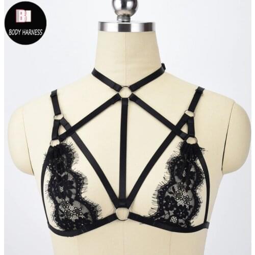 Women Strappy Harness Lace Bra Sheer Hollow Out Body Harness Elastic Cage Bra Thin Lingerie Bralette Gothic Bondage Fetish Rave