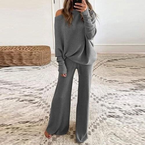 2021 Spring Homewear Women Set Off Shoulder Pullover Top And Long Pants Home Suit Autumn Long Sleeve Solid Two Piece Set Pajamas