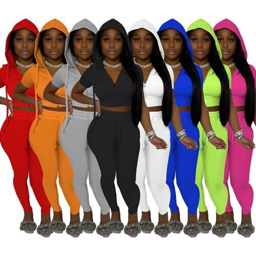 2021 Summer Two Piece Set Women Short Sleeve Hooded Zipper Workout Jacket sporty Trouser Drawstring Running Stretchy Sweatsuits