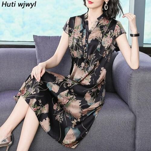 2021 Vintage Black Floral Silk Midi Dresses Summer New 5XL Plus Size Print Beach Sundress Elegant Women Bodycon Party Vestidos