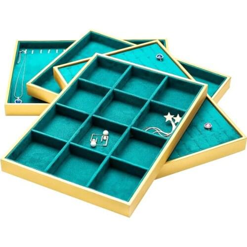 Golden Leather Green Velvet Jewelry Tray Jewelllery Storage Box Holder Necklace Ring Earrings Pendant Display Organizer Series