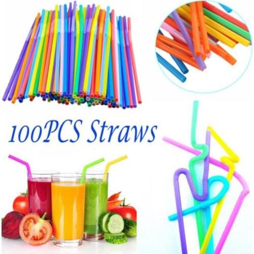 100Pcs Disposable Plastic Drinking Straws Multi-Colored Striped Bendable Elbow Drink Milk Tea Straws Party Event Supplies
