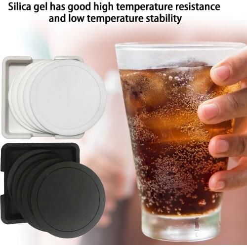 7Pcs Non-slip Silicone Drinking Coaster Set Holder Cup Coaster Mat Set Round Coffeee Cup Mat Set Black Tabletop for Home Office