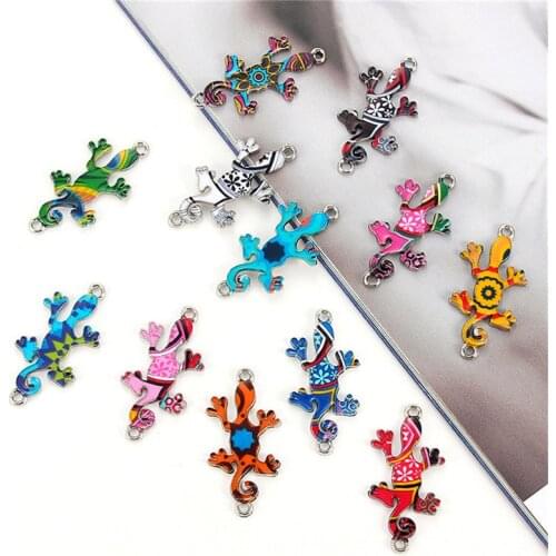 Julie Wang 10PCS Enamel Gecko Charms Random Color Pattern Alloy Lizard Animal Pendants Bracelet Jewelry Making Accessory