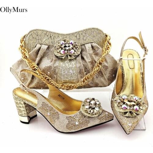 Hot Selling Luxury Rhinestone Woman Gold Color Shoes And Bag Set Nigerian Elegant High Heels Shoes And Bag Set For Party