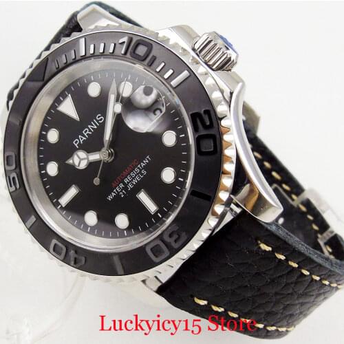Mechanical Men Wristwatch 41mm Date Function Sapphire Glass Leather Strap Rotating Ceramic Bezel