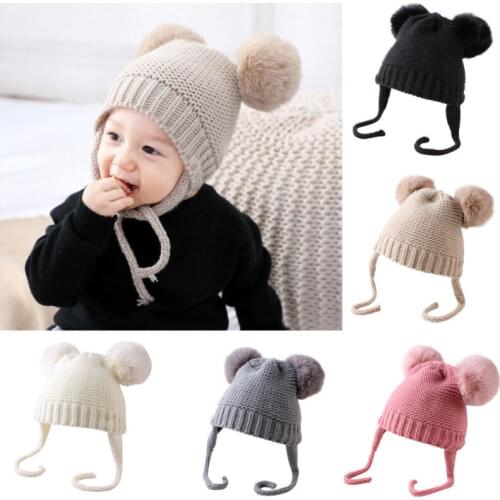 Cute Winter Warm Kids Girls Boys Baby Hats Knitted Wool Hemming Caps With Ball