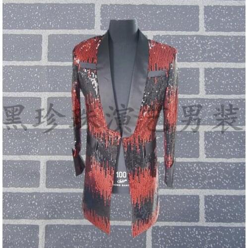 Men suits long designs performance wear stage costumes for singers men sequin blazer dance clothes jacket star style dress punk