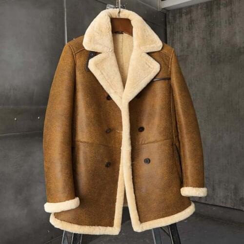 2020 New Mens Shearling Coat Long Fur Jacket Brown Leather Jacket B3 Hunting Jacket Mens Winter Coats Sheepskin Coat