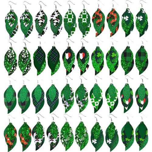 New! Layered St Patricks Day Glitter Green Leather Feather Earrings Triple Clover Gonme Printed Earrings 2021