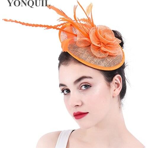 Orange Sinamay Wedding Ladies Fascinator Hats Elegant Formal Church Fedora Floral Nice Headpiece For Party Tea Race Hair Clip