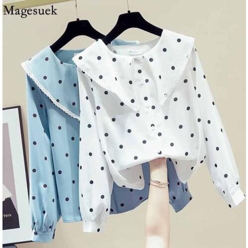 Autumn Polka Dot Chiffon Cardigan Shirt New Korean Style Sweet Blouse Long Sleeve Doll Collar Lace Side Tops Blusas Mujer 11226