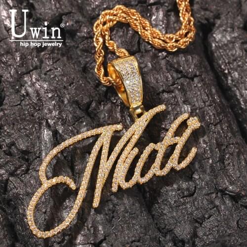 Uwin Cursive Letter Custom Name Necklace With Tennis Chain Cubic Zirconia Gold Silver Color Necklace Fashion Hiphop Jewelry