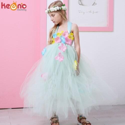 Handmade Flower Fairy Girls Tutu Dress Mint Green Princess Kids Flower Dresses Children Wedding Prom Party Photo Clothing