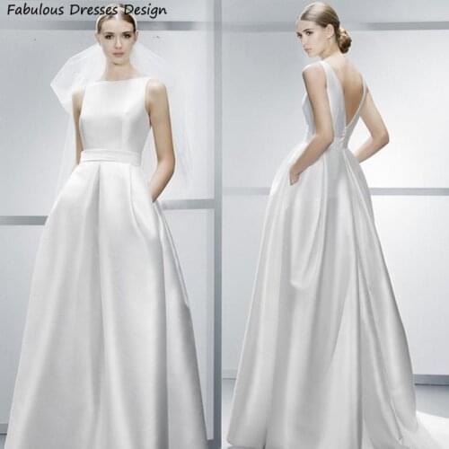 Simple A Line Satin Wedding Dresses Long 2021 Sweep Train Wedding Gowns For Brides O-neck Backless Pockets Robe De Mariee