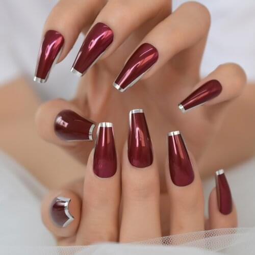 Salon Artificial Gel Nail Metallic Press On Nails Glossy False Fake Press On Tips 24PC Ladies Fingernails Extension