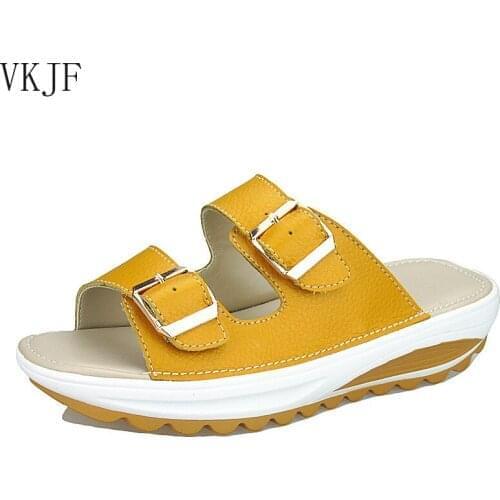 2021 Sandals Leather Wedge Slippers Bottom Large Size Non-slip Casual Peep Toe Sandals Comfortable Womens Slippers