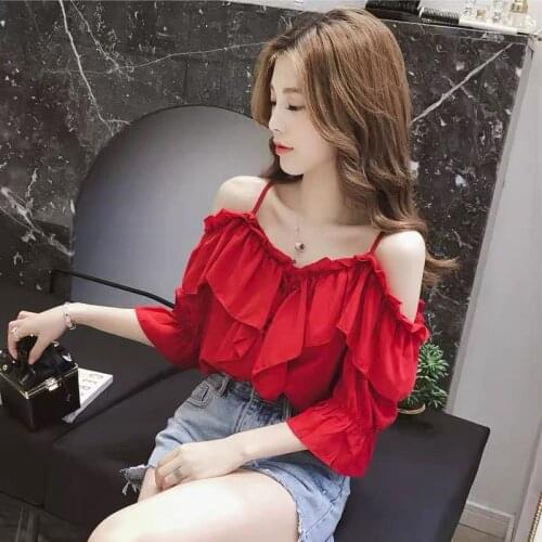 Chiffon Blouses Womens Sexy Off Shoulder Tops Loose Casual Blouse Lady Sexy Hot Sale Ruffle Pleated Shirt A105