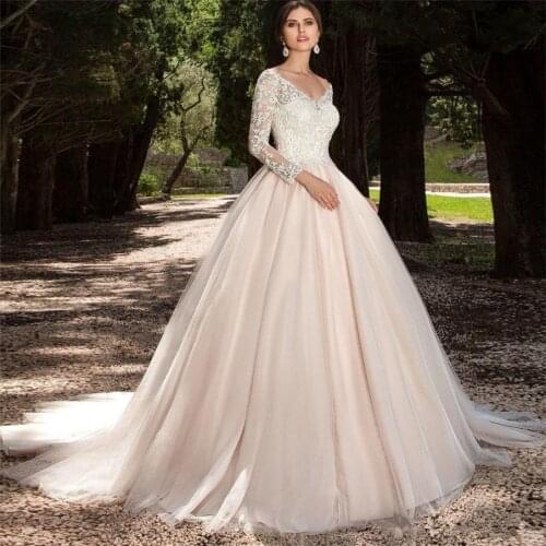 A Line Tulle Long Sleeves Wedding Dresses 2020 V Neck Lace Appliques Off the Shoulder Wedding Bridal Gown Vestido De Noiva