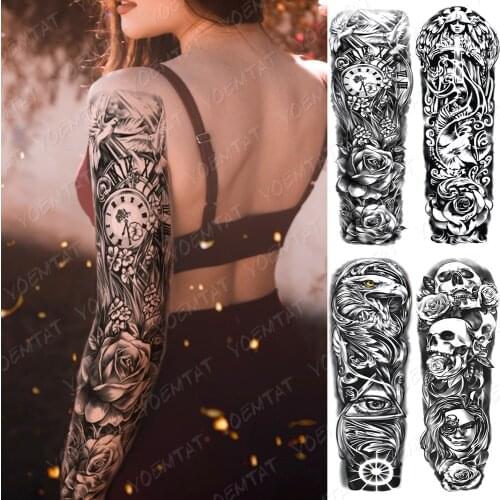 Waterproof Temporary Full Arm Tattoo Stickers Clock Rose Flower Eye Eagle Skull Flash Tatto Woman Body Art Fake Sleeve Tatoo Men