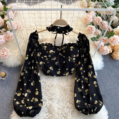 2021 New Sexy Women Tops Gothic Floral Print Elegant Chiffon Blouse Shirts Long Sleeve Pink Lady Crop Tops Clothing