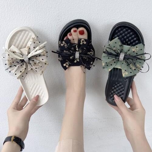 2021 Korean Style Womens Slippers Summer New Fashion Thick Bottom Flat Heel Sandals Womens Casual Bow Slippers Female Slippers