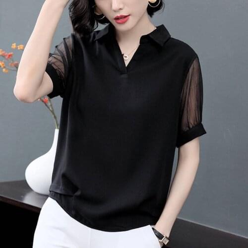 Women Spring Summer Style Chiffon Blouses Shirts Lady Casual Short Mesh Patchwork Sleeve Turn-down Collar Blusas Tops ZZ0188