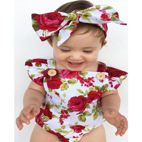 2019 Hot Cute Floral Newborn Baby Girl Clothes Ruffles Sleeve Bodysuit +Headband 2pcs Outfit Sunsuit 0-24M Clothes Jumpsuit Set