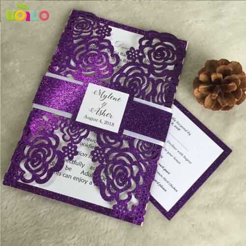 Free DIY 25set glitter paper purple invitation card with printed card tag ,glitter band customzied with glitter rsvp card