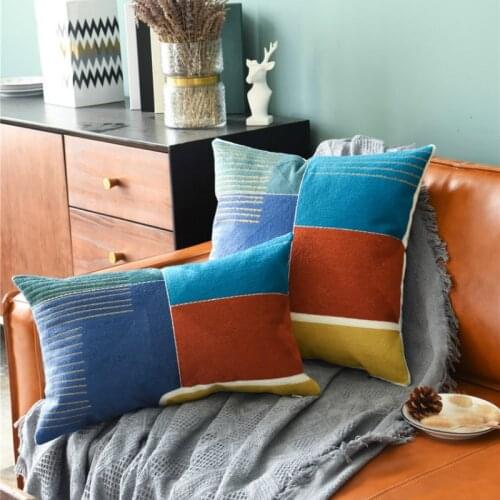 DUNXDECO Cushion Cover Decorative Pillow Case Modern 3D Colorful Geometric Cotton Thread Embroidery Sofa Chair Coussin Decorate